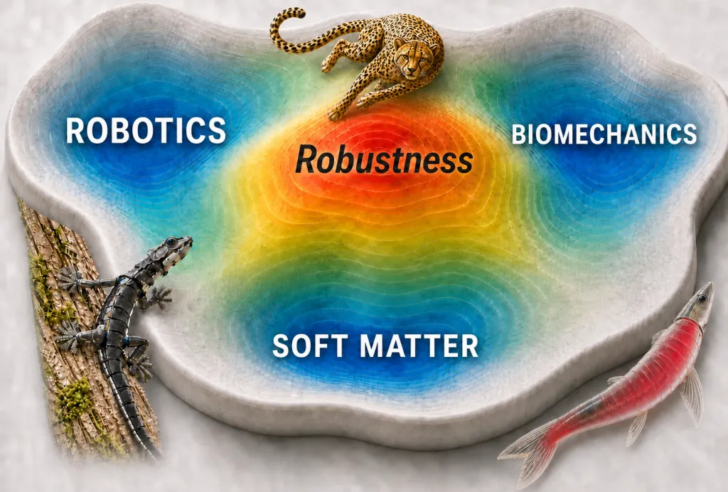 Research concept diagram showing the intersection of robotics, biomechanics, and soft matter with a gecko at the center